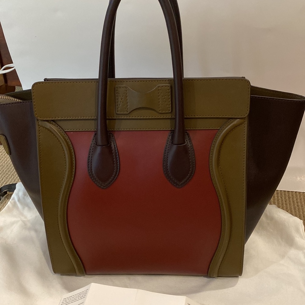 CELINE LARGE LUGGAGE TOTE NWOT BURGUNDY BROWN AND OLIVE GREEN - Picture 6 of 17